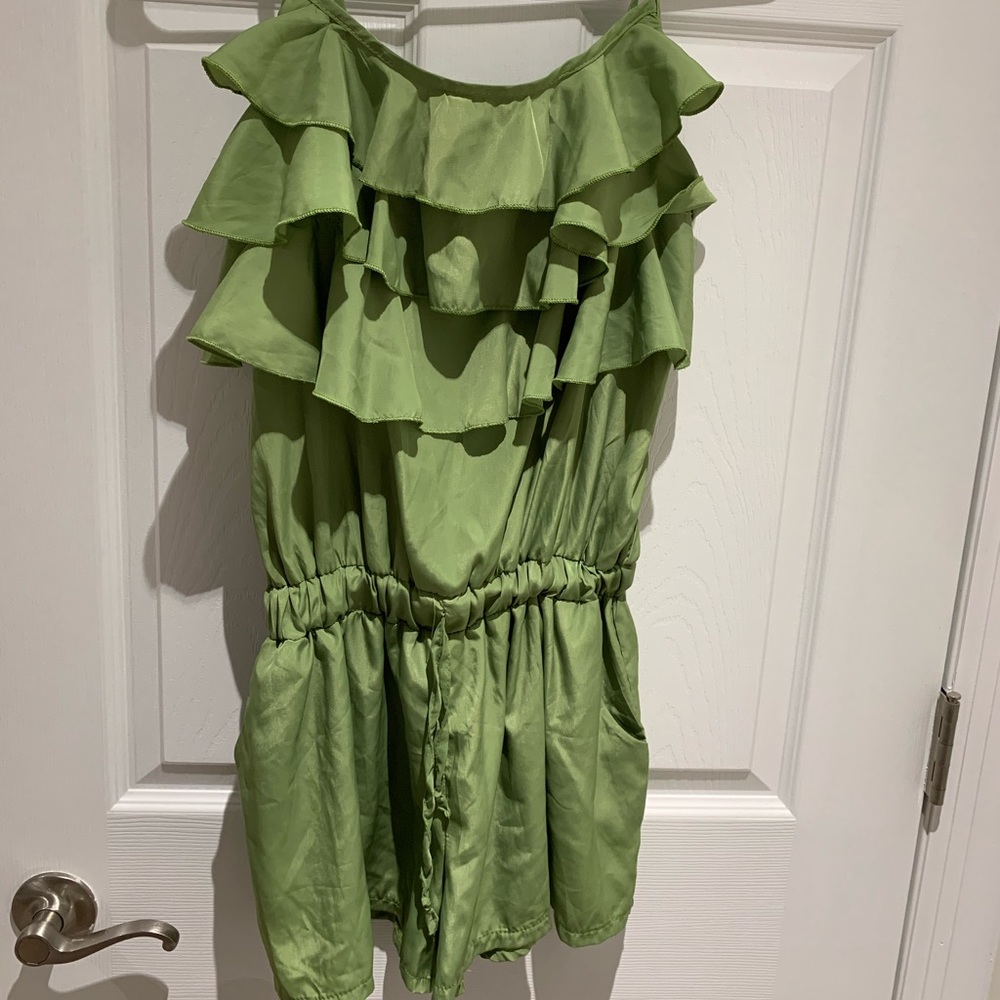 Green silk strapped romper/jumpsuit
